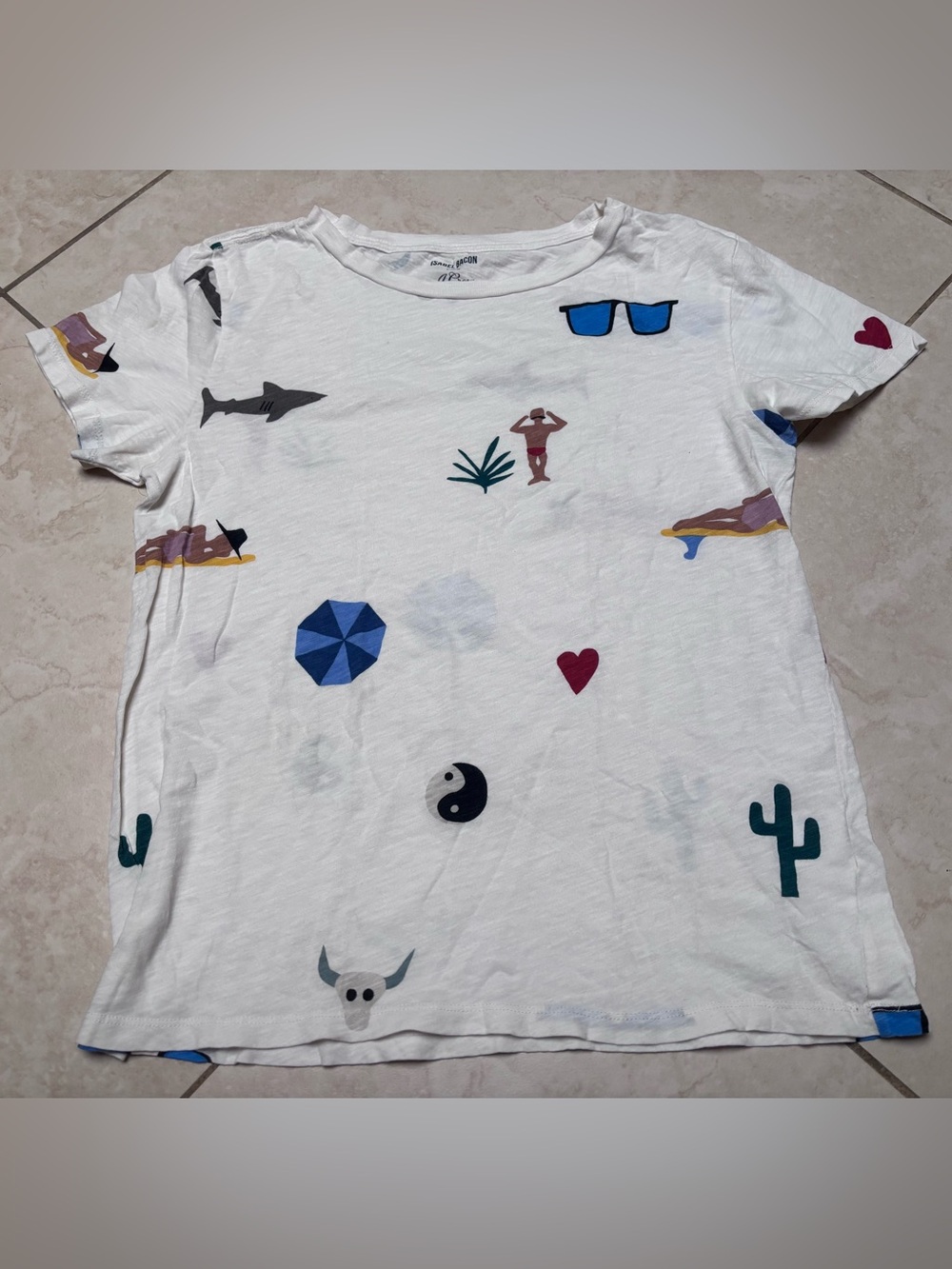 Isabel Bacon for J Crew White  Short Sleeve Tee with Multicolor Beach Icons